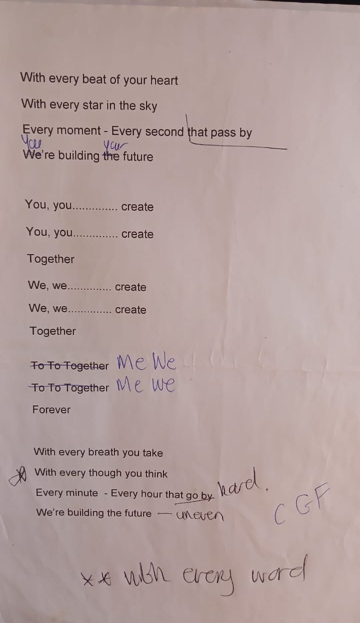 Original marked-up CREATE lyric sheet