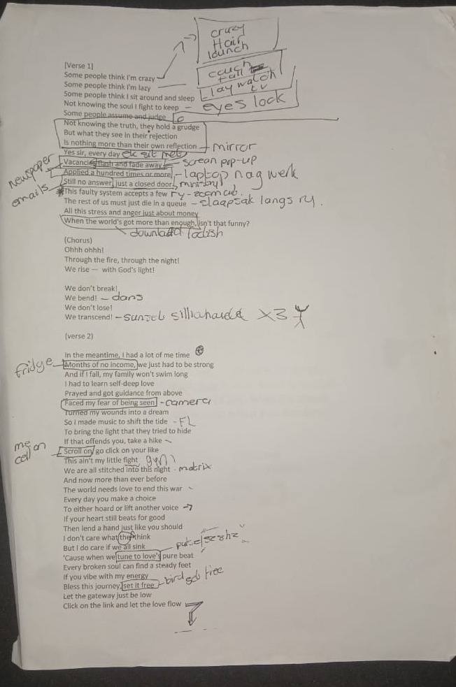 Original marked-up We Transcend poem and working lyric sheet